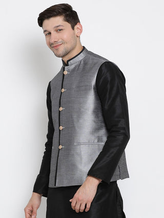 Men's Grey Cotton Silk Blend Ethnic Jacket