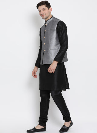 Men's Black Cotton Silk Blend Kurta, Ethnic Jacket and Pyjama Set