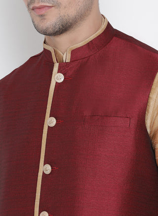 Men's Gold Cotton Silk Blend Kurta, Ethnic Jacket and Pyjama Set