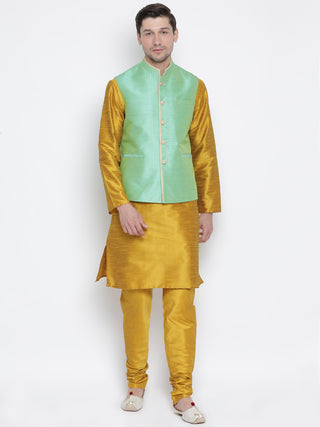VASTRAMAY Men's Light Green Cotton Silk Blend Nehru Jacket