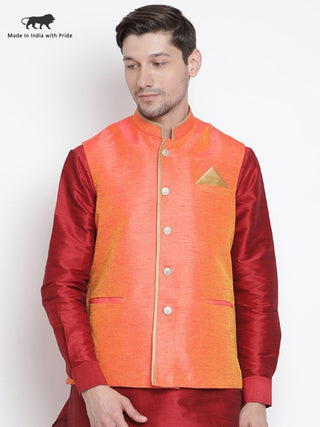 Men's Orange Cotton Silk Blend Ethnic Jacket