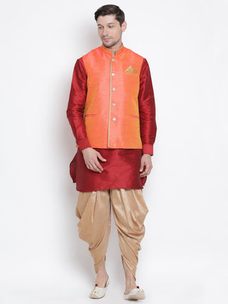 VASTRAMAY Men's Orange Cotton Silk Blend Ethnic Jacket
