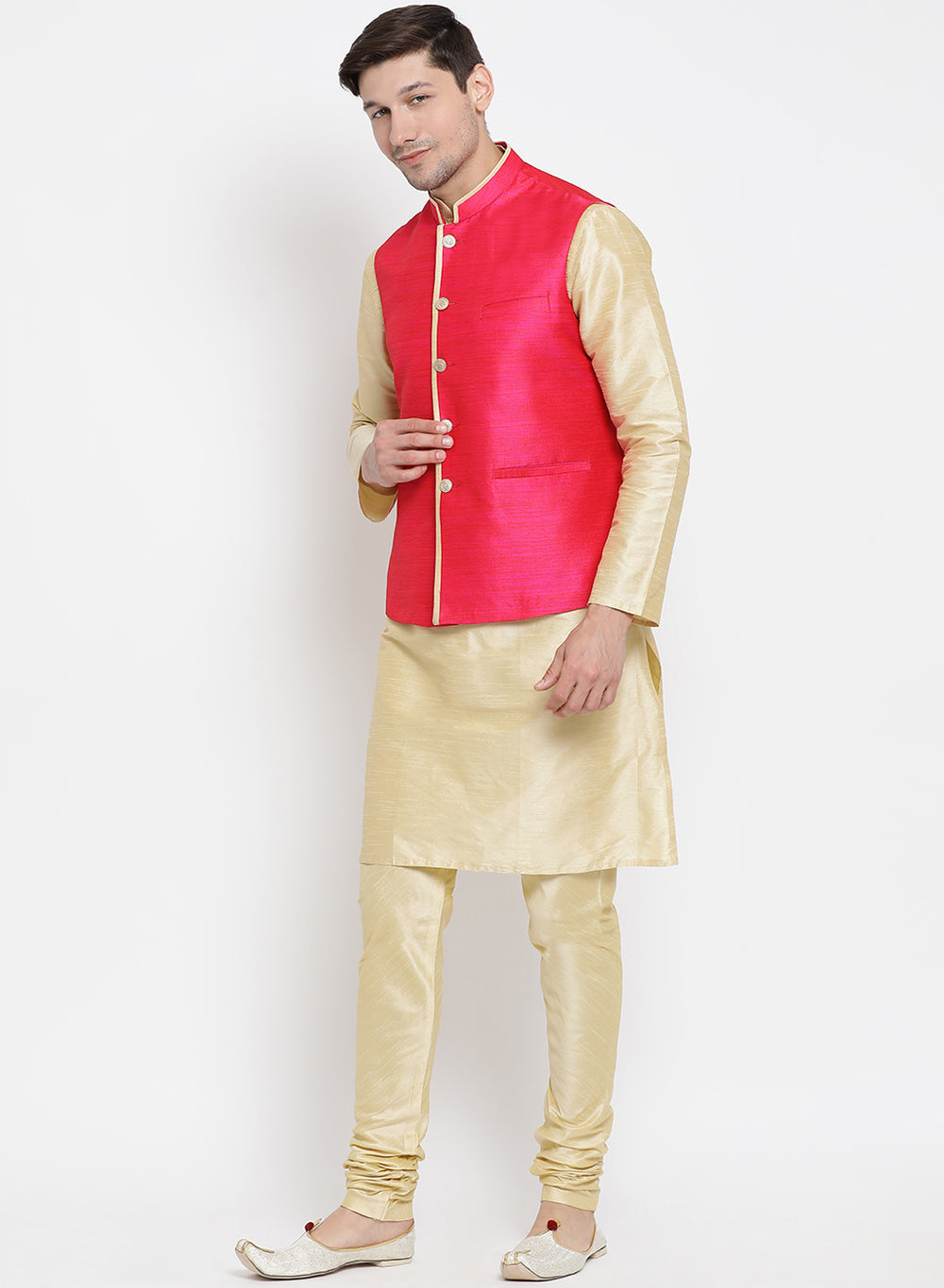 Men's Gold Cotton Silk Blend Kurta, Ethnic Jacket and Pyjama Set