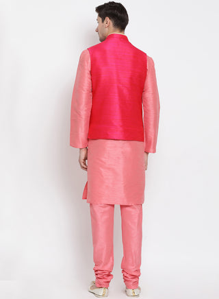 Men's Pink Cotton Silk Blend Kurta, Ethnic Jacket and Pyjama Set