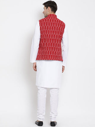 Men's Maroon Cotton Blend Kurta, Ethnic Jacket and Pyjama Set