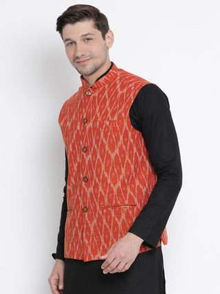 Men's Orange Cotton Ethnic Jacket