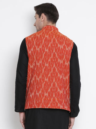 Men's Orange Cotton Ethnic Jacket