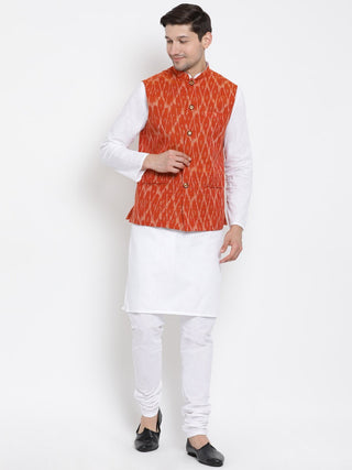 Men's White Cotton Kurta, Ethnic Jacket and Pyjama Set