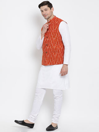 Men's White Cotton Kurta, Ethnic Jacket and Pyjama Set