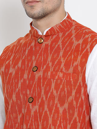 Men's White Cotton Kurta, Ethnic Jacket and Pyjama Set