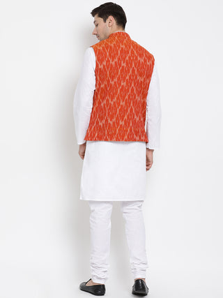 Men's White Cotton Kurta, Ethnic Jacket and Pyjama Set