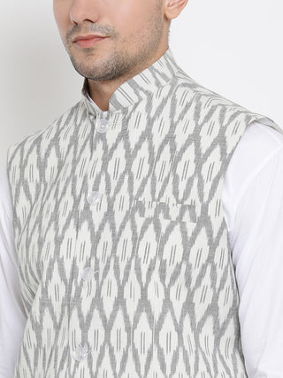 Men's White Cotton Kurta, Ethnic Jacket and Pyjama Set