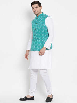 Men's White Cotton Kurta, Ethnic Jacket and Pyjama Set