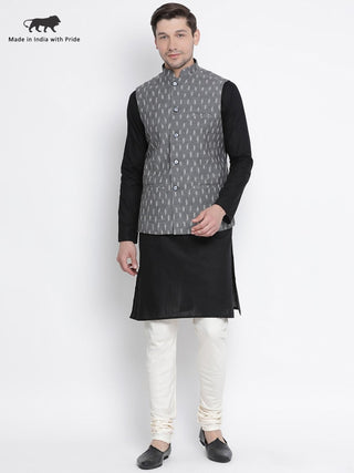 Men's Black Cotton  Kurta, Ethnic Jacket and Pyjama Set