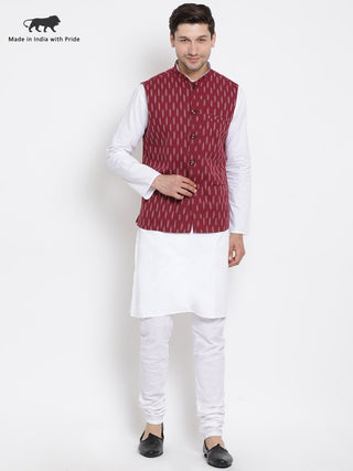 Men's White Cotton Kurta, Ethnic Jacket and Pyjama Set
