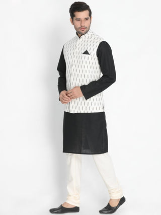 Men's Black Cotton  Kurta, Ethnic Jacket and Pyjama Set