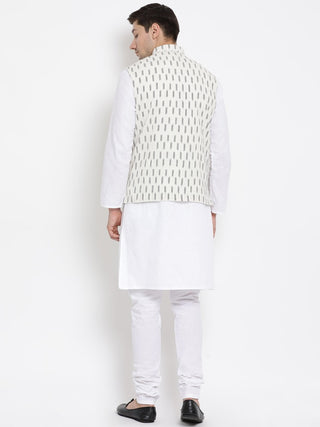 Men's White Cotton Kurta, Ethnic Jacket and Pyjama Set