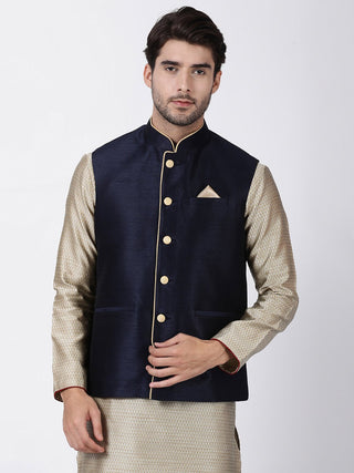 Men's Dark Blue Cotton Silk Blend Ethnic Jacket
