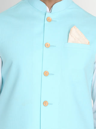 VASTRAMAY Men's  Aqua Blue Ethnic Jacket and White Kurta Pyjama Set