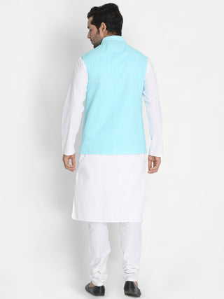VASTRAMAY Men's  Aqua Blue Ethnic Jacket and White Kurta Pyjama Set