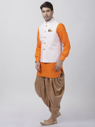 Men's Orange Cotton Blend Ethnic Jacket, Kurta and Dhoti Pant Set