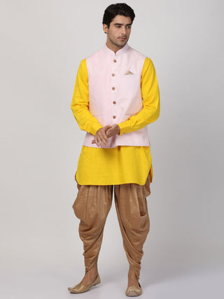 Men's Yellow Cotton Blend Ethnic Jacket, Kurta and Dhoti Pant Set