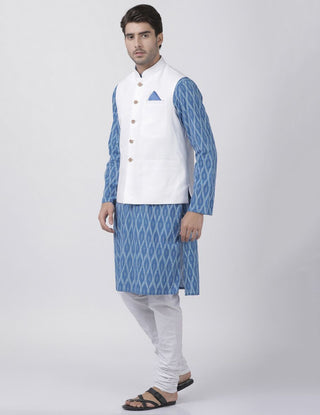 Men's Light Blue Cotton Blend Ethnic Jacket, Kurta and Dhoti Pant Set