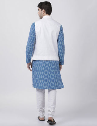 Men's Light Blue Cotton Blend Ethnic Jacket, Kurta and Dhoti Pant Set