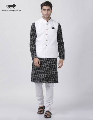 Men's Black Cotton Blend Ethnic Jacket, Kurta and Pajama Set