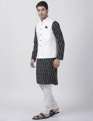 Men's Black Cotton Blend Ethnic Jacket, Kurta and Pajama Set