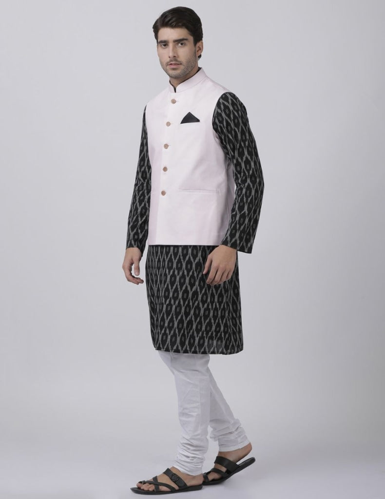 Men's Black Cotton Blend Ethnic Jacket, Kurta and Pajama Set