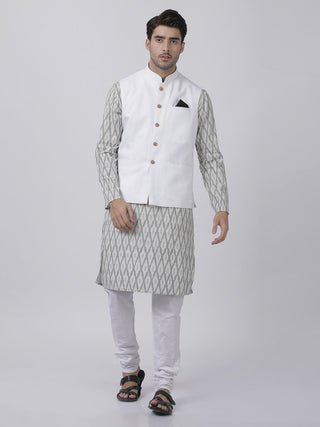 Men's White Cotton Blend Ethnic Jacket, Kurta and Dhoti Pant Set