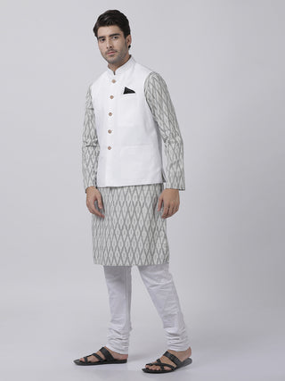 Men's White Cotton Blend Ethnic Jacket, Kurta and Dhoti Pant Set