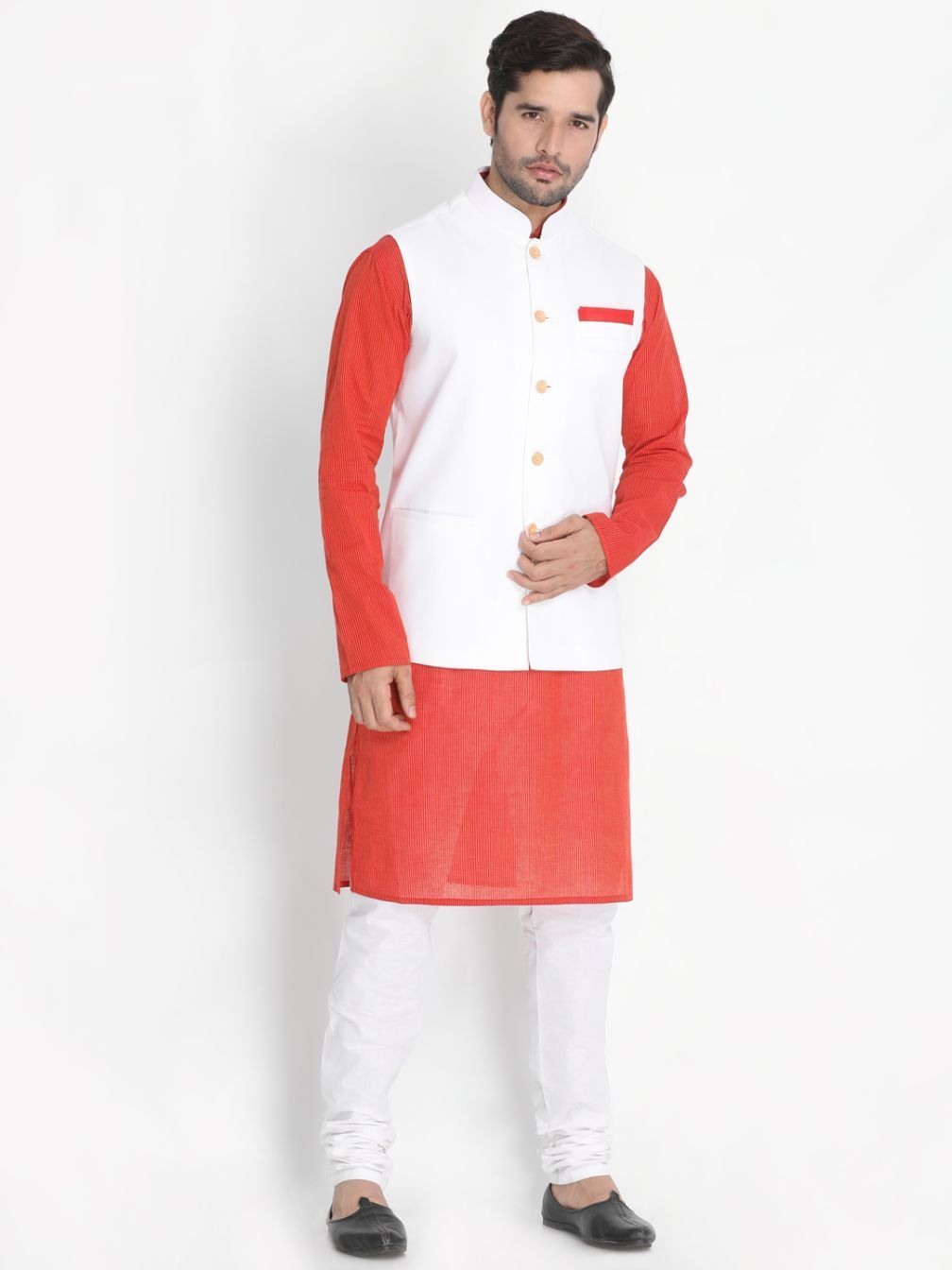 VASTRAMAY Men's Red Cotton Blend Kurta, Ethnic Jacket and Pyjama ...