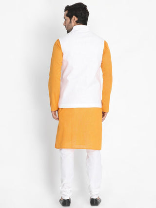 Men's Yellow Cotton Blend Kurta, Ethnic Jacket and Pyjama Set