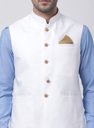 Men's Blue Cotton Blend Ethnic Jacket, Kurta and Dhoti Pant Set
