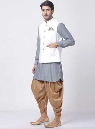 Men's Grey Cotton Blend Ethnic Jacket, Kurta and Dhoti Pant Set