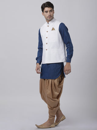 Men's Dark Blue Cotton Blend Ethnic Jacket, Kurta and Dhoti Pant Set