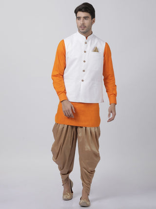 Men's Orange Cotton Blend Ethnic Jacket, Kurta and Dhoti Pant Set