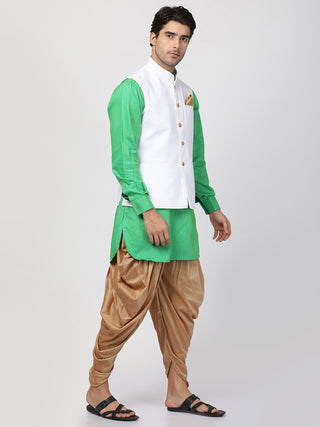 Men's Green Cotton Blend Ethnic Jacket, Kurta and Dhoti Pant Set