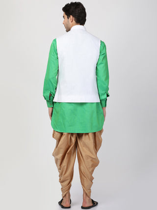Men's Green Cotton Blend Ethnic Jacket, Kurta and Dhoti Pant Set