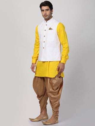 Men's Yellow Cotton Blend Ethnic Jacket, Kurta and Dhoti Pant Set