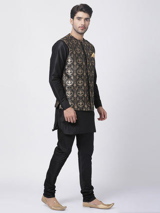 VASTRAMAY Men's Black Cotton Silk Blend Ethnic Jacket, Kurta and Pyjama Set