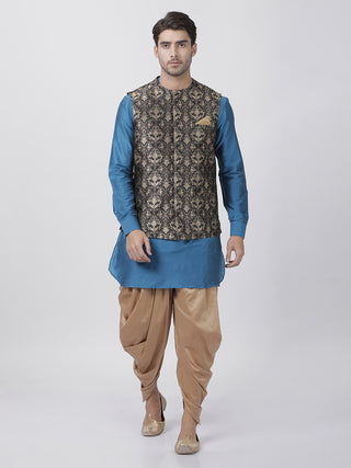 Men's Firozi Blue Cotton Silk Blend Kurta, Ethnic Jacket and Dhoti Pant Set