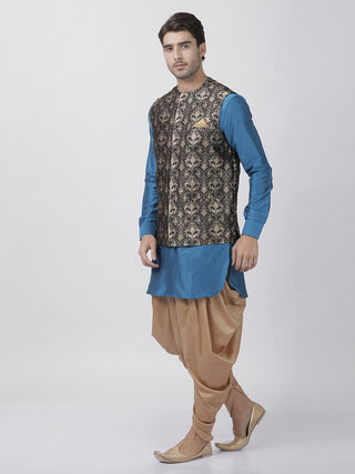 Men's Firozi Blue Cotton Silk Blend Kurta, Ethnic Jacket and Dhoti Pant Set