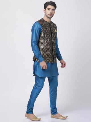 Men's Firozi Blue Cotton Silk Blend Kurta, Ethnic Jacket With Churidar pajama  Set