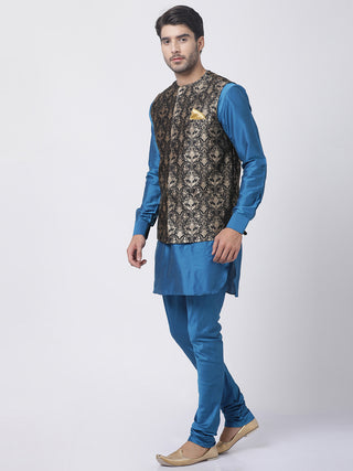 Men's Firozi Blue Cotton Silk Blend Kurta, Ethnic Jacket With Churidar pajama  Set