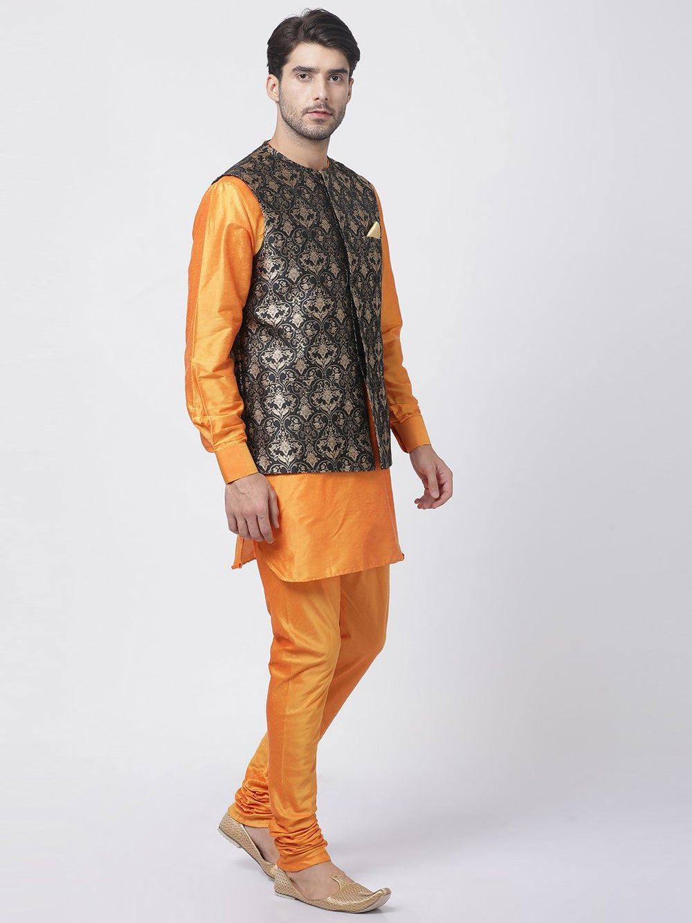 Men's Orange Cotton Silk Blend Ethnic Jacket, Kurta and Dhoti Pant Set