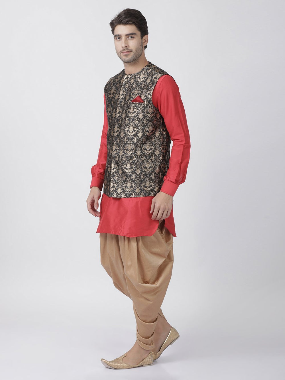 Men's Red Cotton Silk Blend Ethnic Jacket, Kurta and Dhoti Pant Set