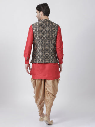 Men's Red Cotton Silk Blend Ethnic Jacket, Kurta and Dhoti Pant Set